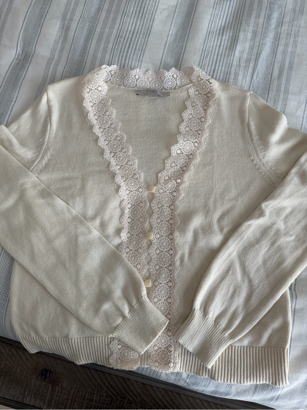 Loft Lace-Trim Cream Women's Cardigan Sweater
